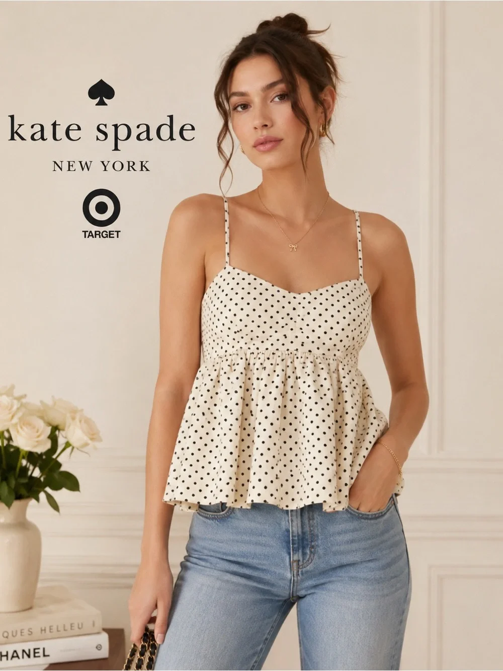 Kate Spade New York x Target Polka Dot Linen Babydoll Tank Top Cream Black M B5